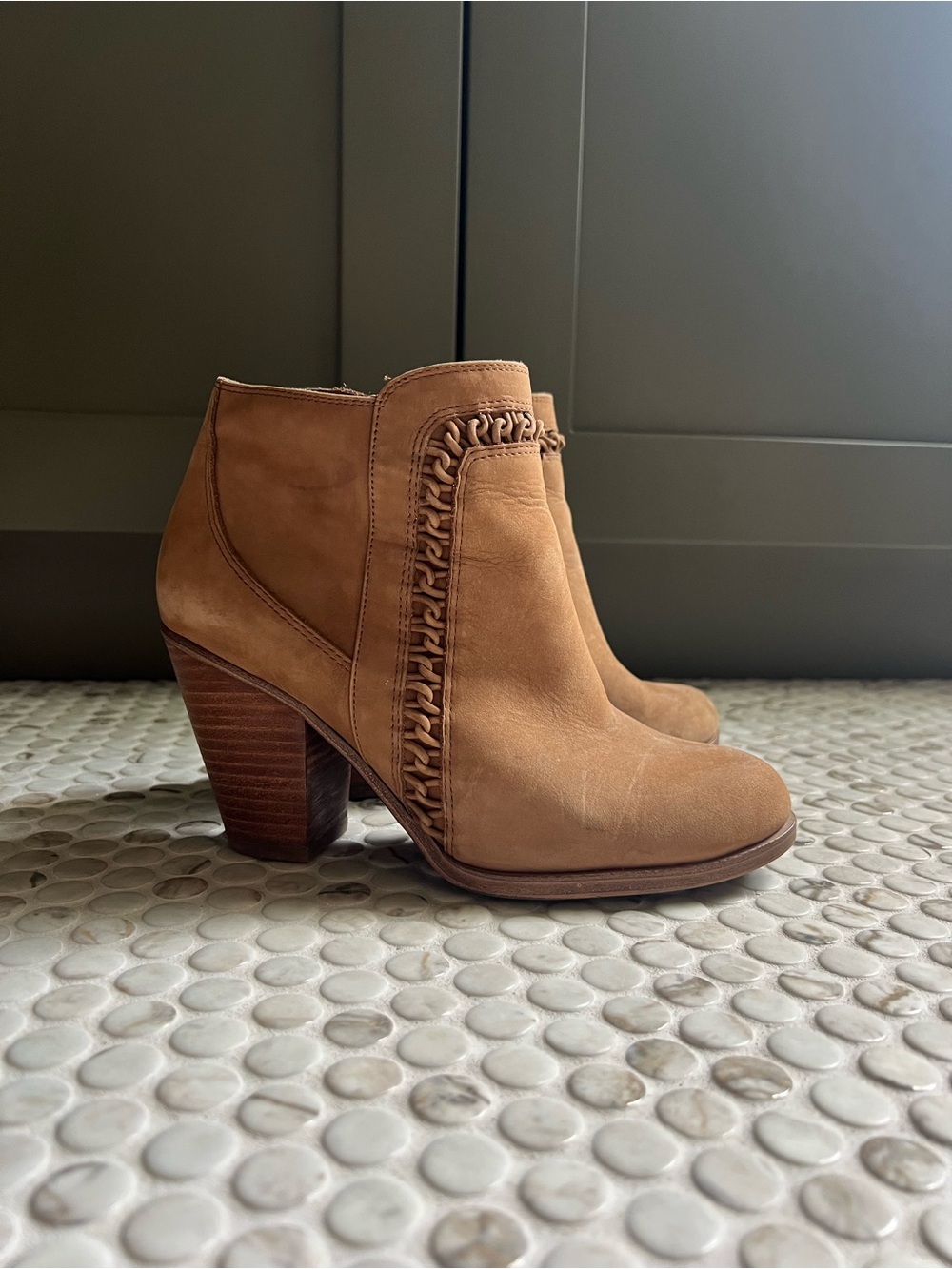 Vince Camuto Suede Ankle Booties with Braided Trim - Tan